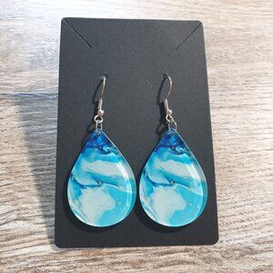 Earrings Teardrop Blue White Marbled Beach Boho Vacation Stainless Steel Hooks